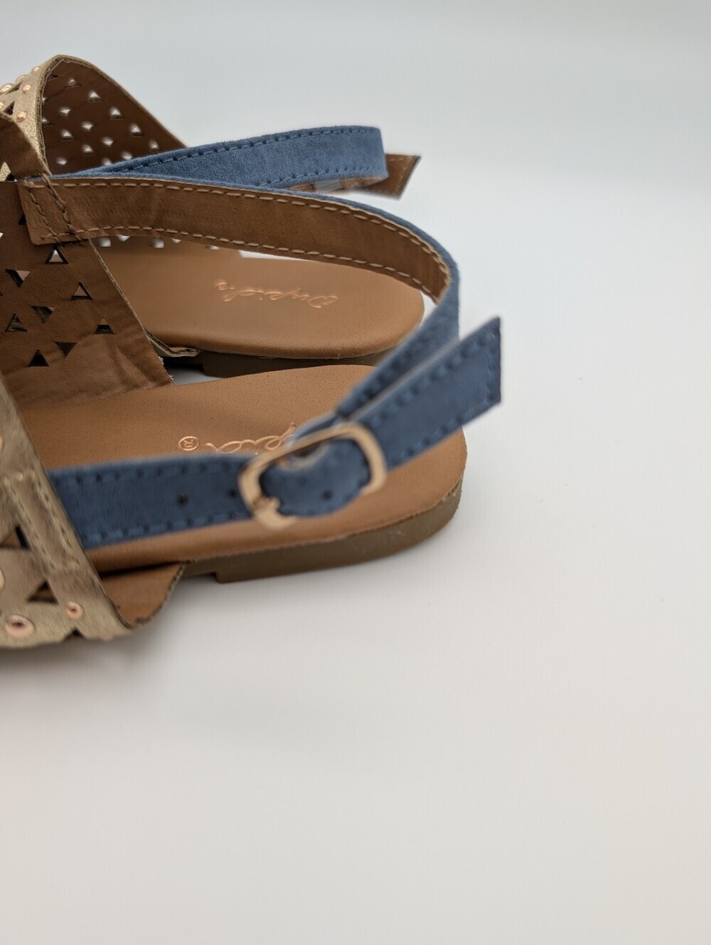 Qupid Geometric Laser Cut Studded Slingback Sandals Blue Metallic Gold - Picture 6 of 9